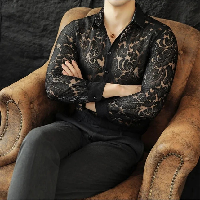 Men's Mesh See-Through Floral Lace Sheer Casual Shirt