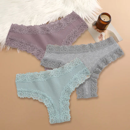 Set of 3 Women's Cotton Lace Panties - Floral Print & Trendy Patchwork Briefs
