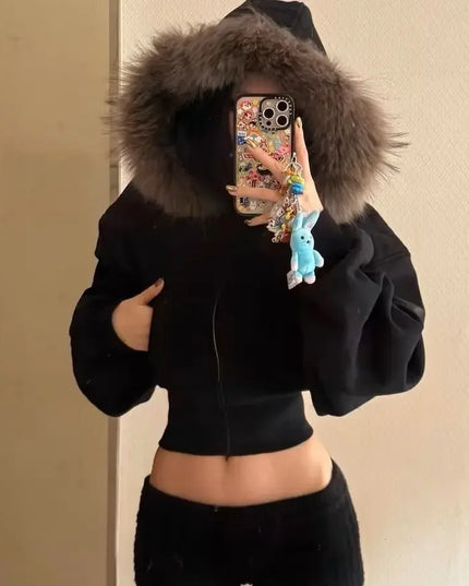 Women's Faux Fur Collar Cropped Zipper Hooded Jacket