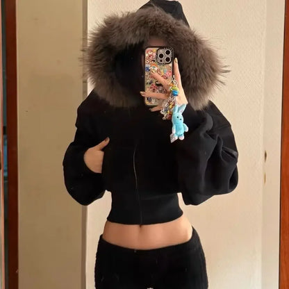 Women's Faux Fur Collar Cropped Zipper Hooded Jacket