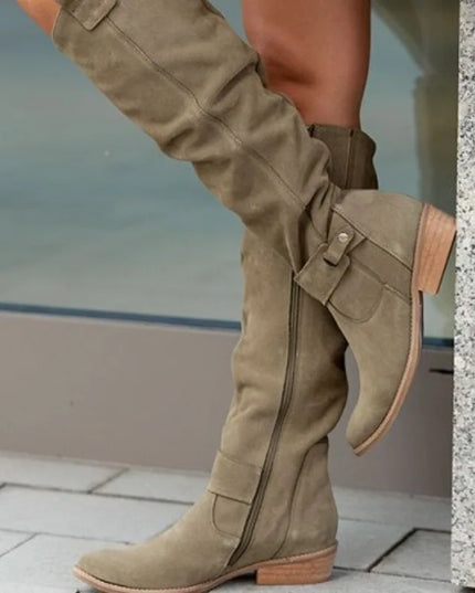 Women's Long Suede Boots with Low Heel and Side Zip - Stylish & Comfortable Footwear