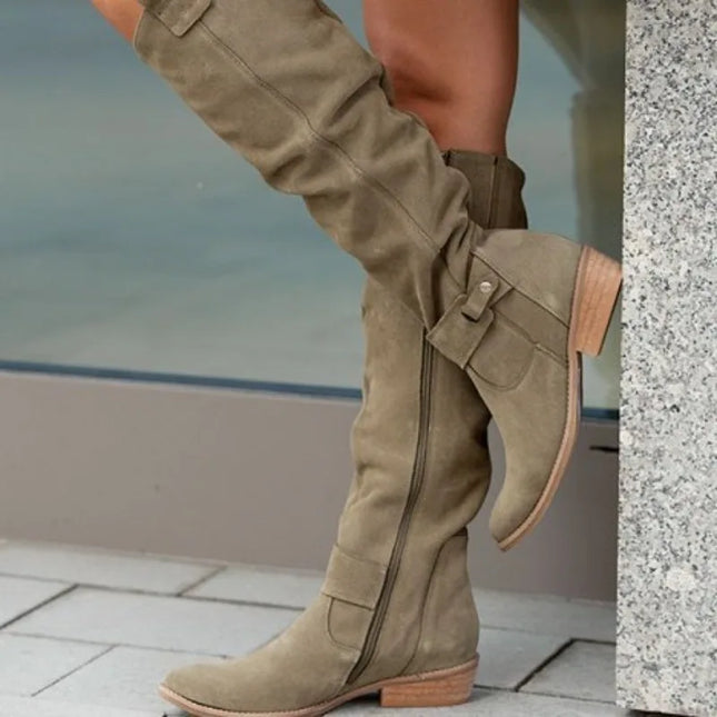 Women's Long Suede Boots with Low Heel and Side Zip - Stylish & Comfortable Footwear