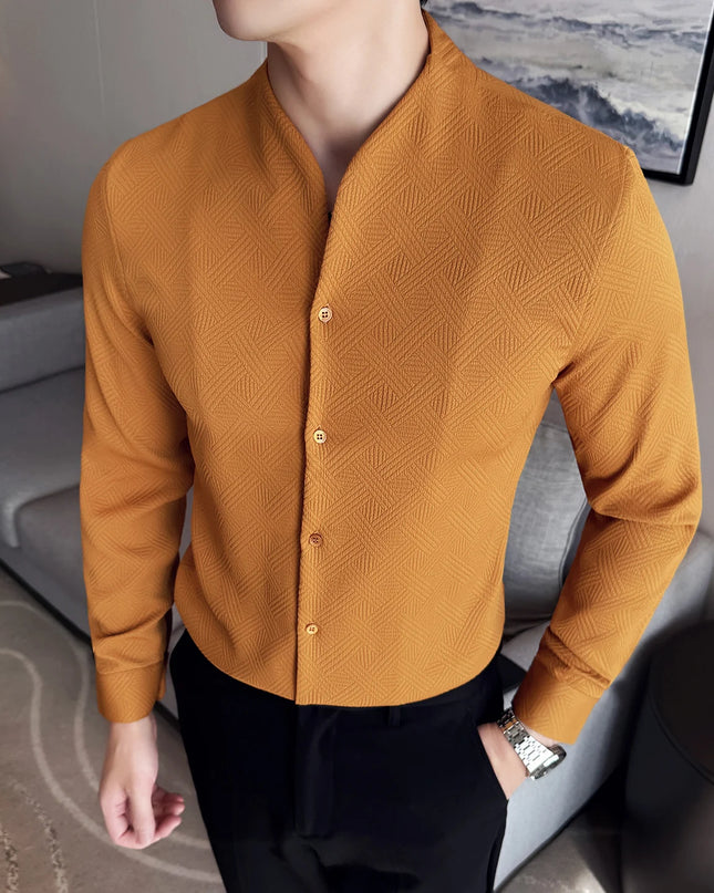 Men's V-Neck Long Sleeve Slim Fit Casual Shirt with Stand Collar