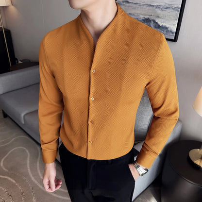 Men's V-Neck Long Sleeve Slim Fit Casual Shirt with Stand Collar