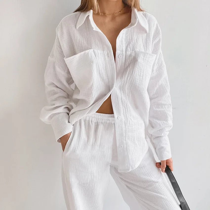 Women's Cotton Two-Piece Long Sleeve Loose Shirt and Pants Set