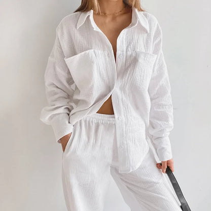 Women's Cotton Two-Piece Long Sleeve Loose Shirt and Pants Set
