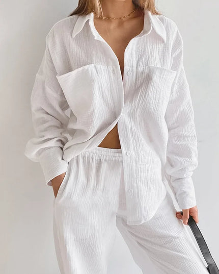 Women's Cotton Two-Piece Long Sleeve Loose Shirt and Pants Set