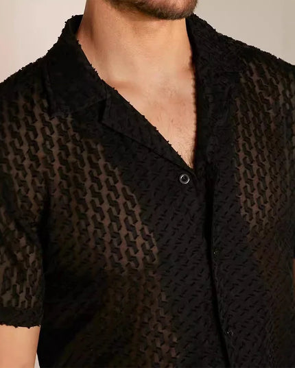 Men's Short Sleeve Mesh Lace Hollow Out Shirt