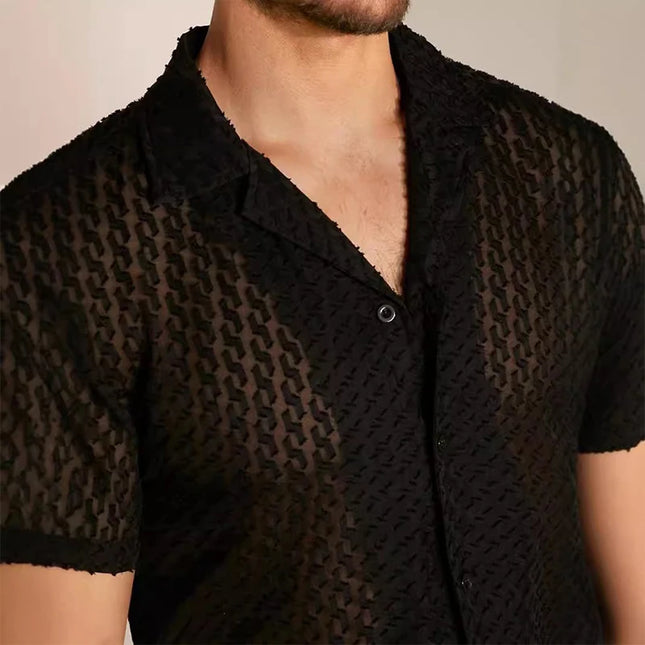 Men's Short Sleeve Mesh Lace Hollow Out Shirt