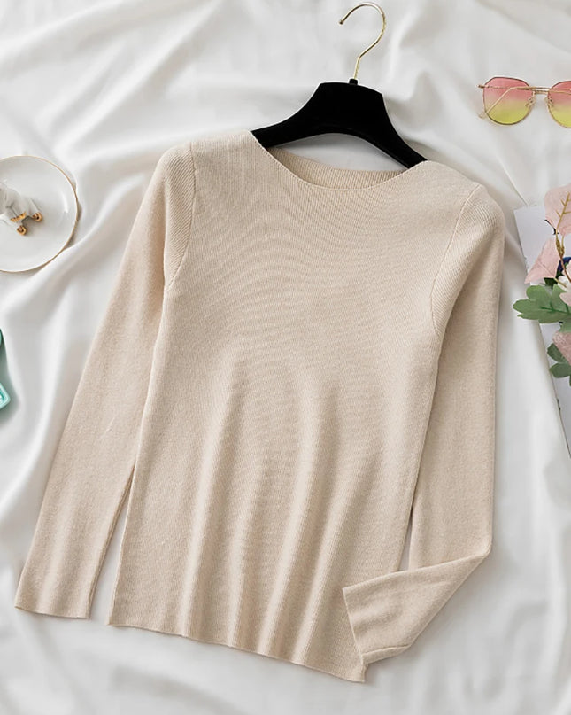 High-Quality Slim Knitted O-Neck Sweater for Women - Various Colors