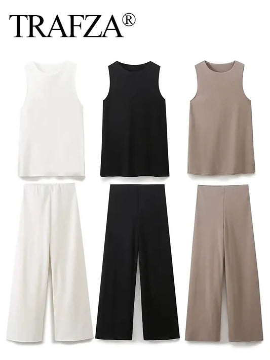 TRAFZA Women's 2-Piece Set: Sleeveless Vest and Loose Elastic Waist Pants