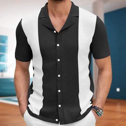 Men's Breathable Striped Knit Patchwork Polo Shirt - Short Sleeve Button-Up