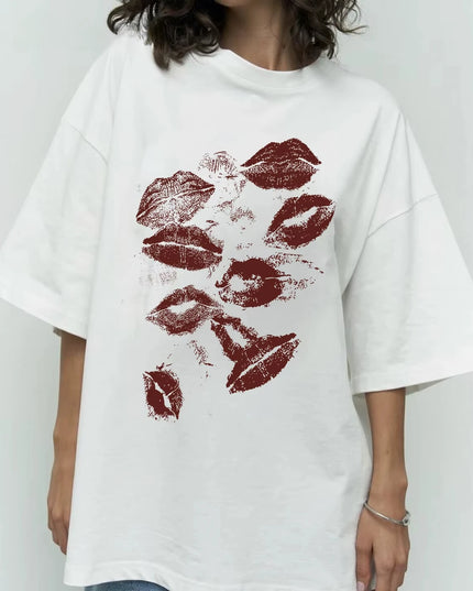 Women's Lips Print Cotton T-Shirt - Soft, Oversized, Retro Style