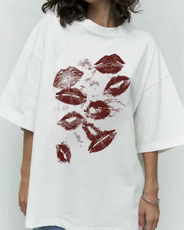 Women's Lips Print Cotton T-Shirt - Soft, Oversized, Retro Style
