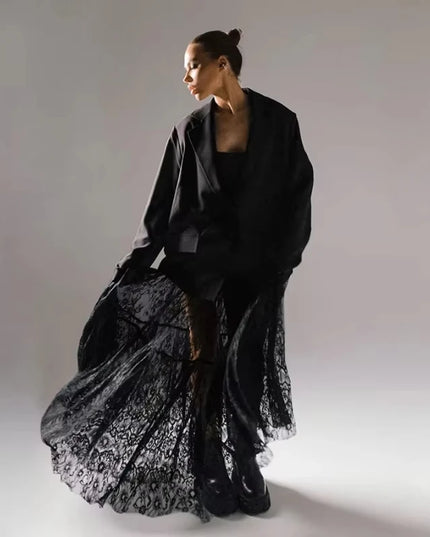Chic Long Transparent Black Lace Skirt for Women