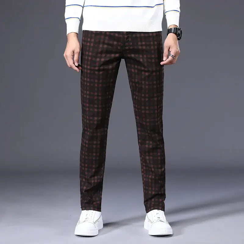 Men's Slim Fit Classic Pants - Stretch Cotton Checkered Trousers