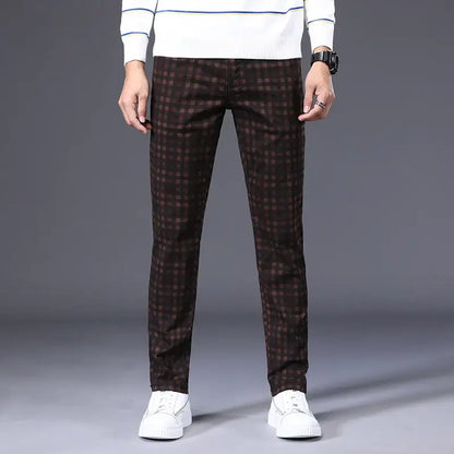 Men's Slim Fit Classic Pants - Stretch Cotton Checkered Trousers