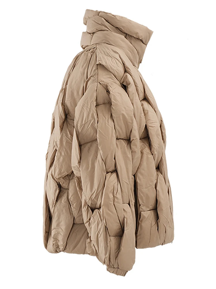 Unisex Thick Parka Jacket: Square Weave High Collar Warm Puffer Coat