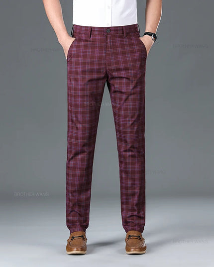 Slim Fit Cotton Plaid Stretch Trousers for Men