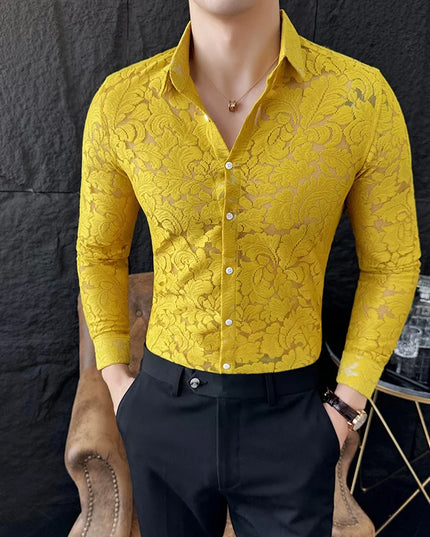 Men's Mesh See-Through Floral Lace Sheer Casual Shirt