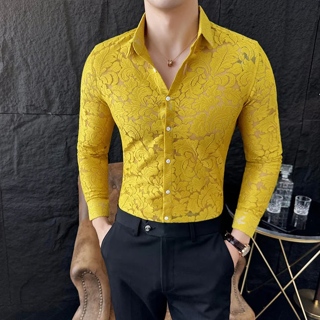 Men's Mesh See-Through Floral Lace Sheer Casual Shirt