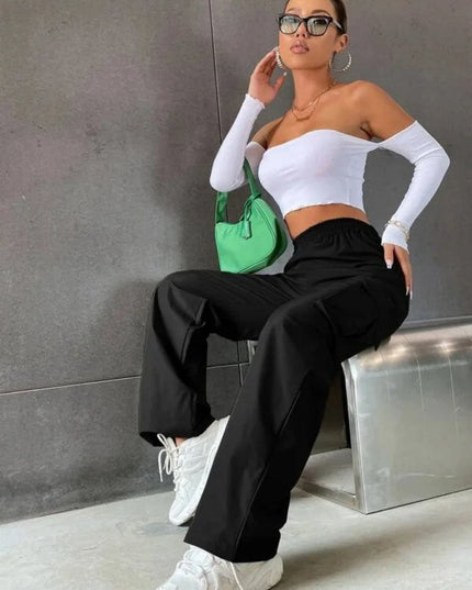 Women’s Baggy Cargo Pants - Casual Straight Fit, Elastic High Waist