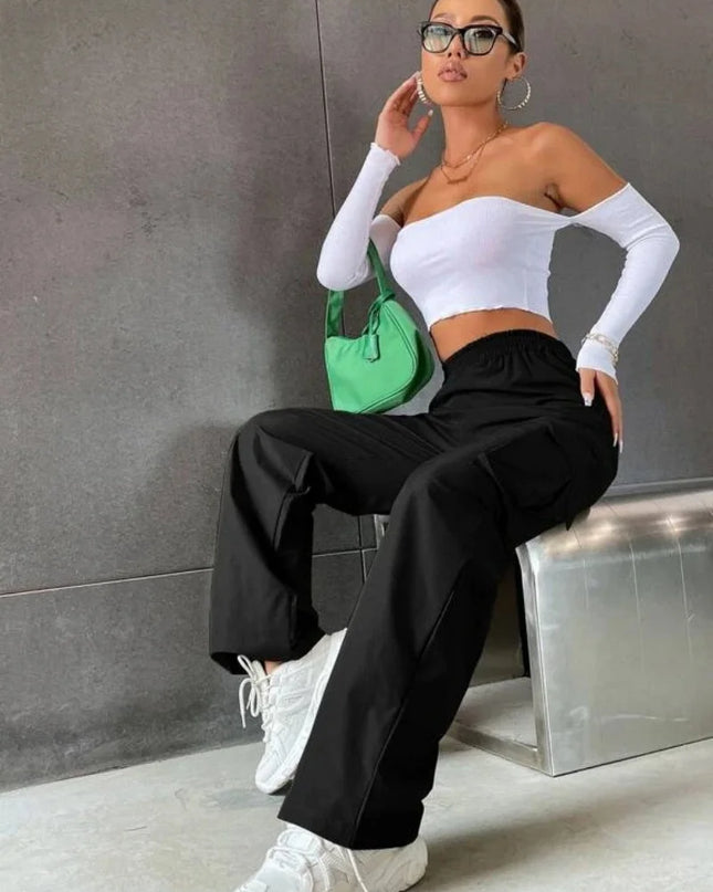 Women’s Baggy Cargo Pants - Casual Straight Fit, Elastic High Waist