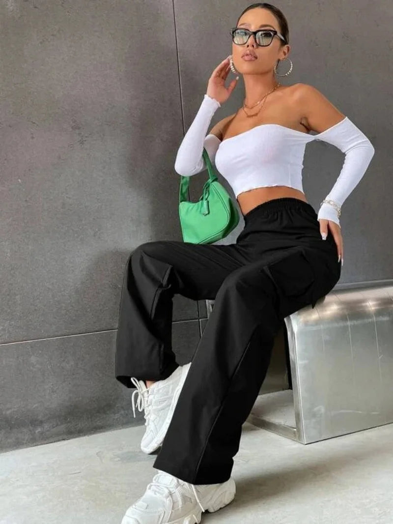 Women’s Baggy Cargo Pants - Casual Straight Fit, Elastic High Waist