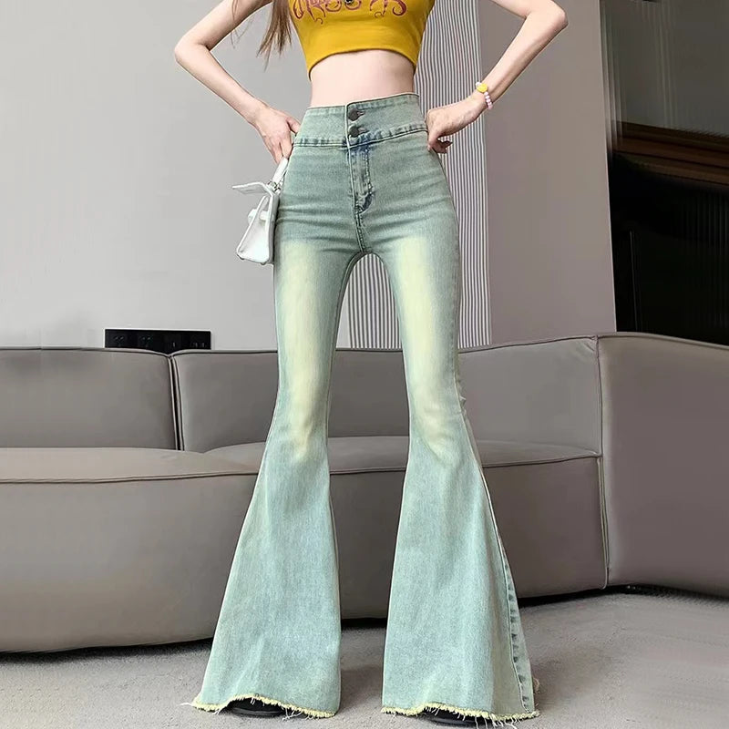 Women's Vintage High Waist Flare Jeans - Slim Fit Wide Leg Denim Pants