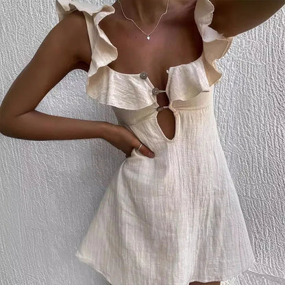 Women's V-Neck Sleeveless Mini Dress with Hollow Out Button Ruffles