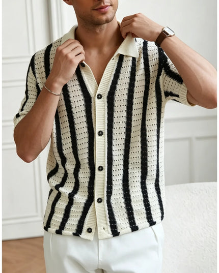 Men's Short Sleeve Striped Knit Polo Shirt - Button-Down Mesh Fabric