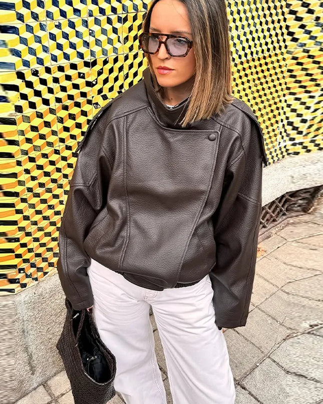 Women's Stand Collar Faux Leather Jacket with Double Button Closure