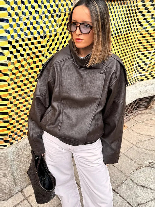 Women's Stand Collar Faux Leather Jacket with Double Button Closure