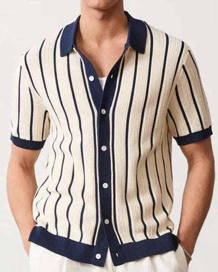 Men's Striped Knit Polo Shirt with Turn-Down Collar – Stylish Knitted Polo for Men