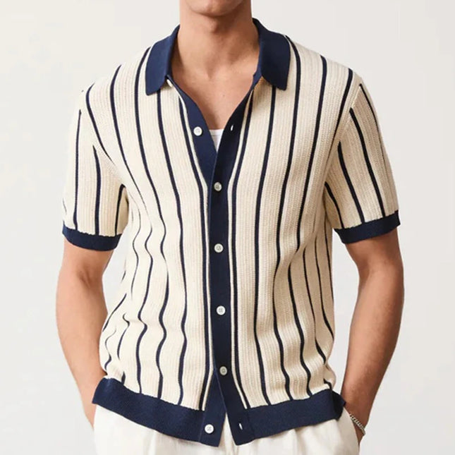 Men's Striped Knit Polo Shirt with Turn-Down Collar – Stylish Knitted Polo for Men