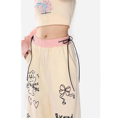 Women's Hand-Painted Loose Fit Straight Sweatpants - Elastic High-Waist with Drawstring