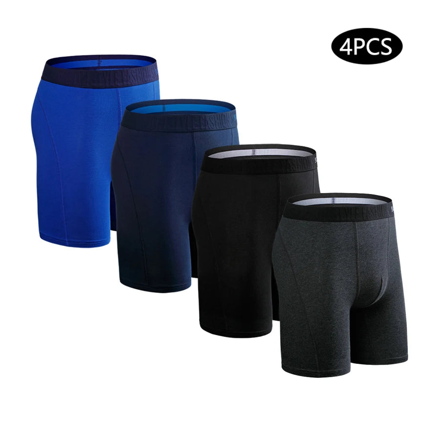 Men's Cotton Long Boxers – Set of 4 Trunks, Comfortable & Breathable Underwear