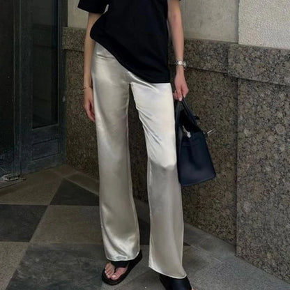 Women's Satin Wide Leg Pants - Casual High Waist Elastic Waistline