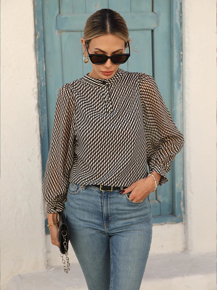 Women's Chiffon Long Sleeve Striped Blouse