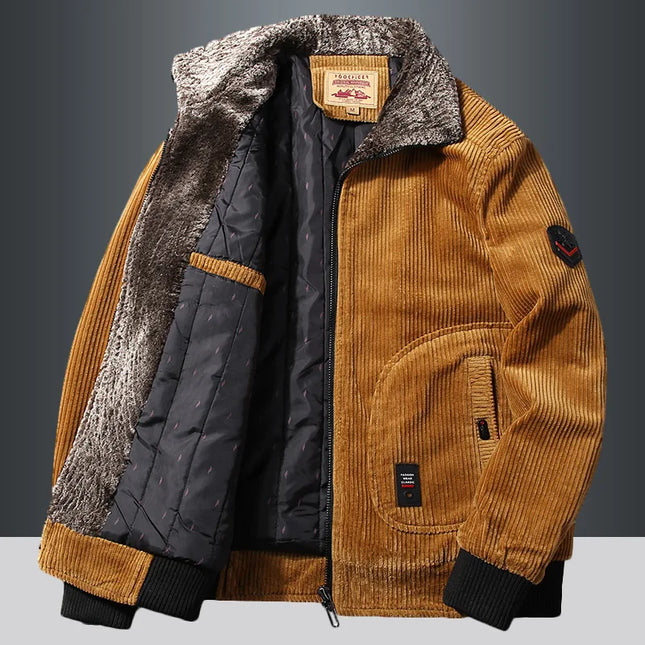 Men's Warm Corduroy Thermal Windbreaker Jacket with Faux Fur Collar