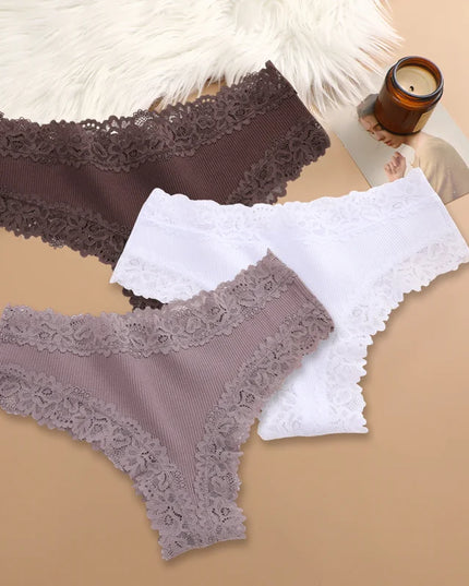 Set of 3 Women's Cotton Lace Panties - Floral Print & Trendy Patchwork Briefs