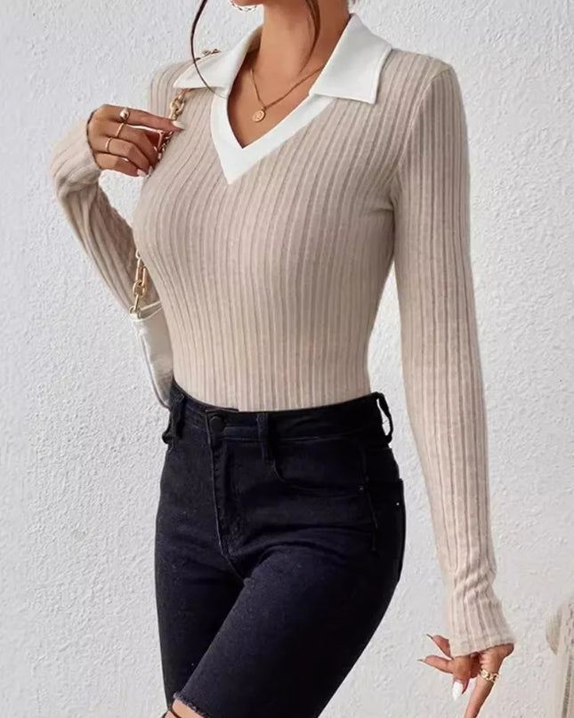 Women's Ribbed Knit Lapel V-Neck Top with Long Sleeves and Slim Fit