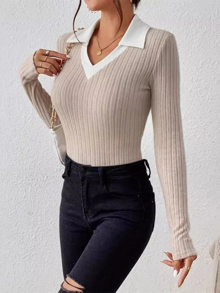 Women's Ribbed Knit Lapel V-Neck Top with Long Sleeves and Slim Fit