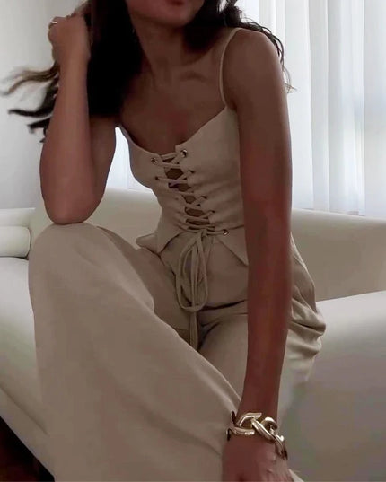 Women's Two-Piece Slim Fit Chic Sleeveless Bandage Tank Top & Wide-Leg Pants Se