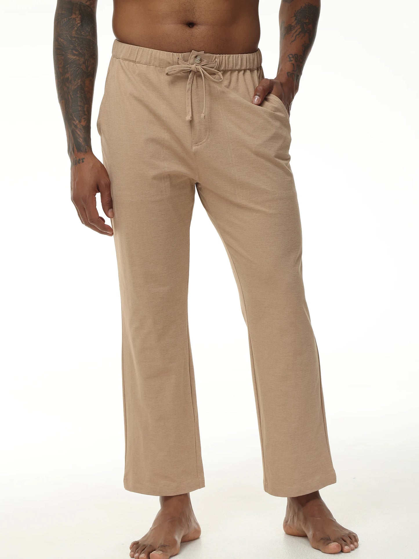 Men's Casual Linen Cotton  Pants Breathable Loos Elastic Waist