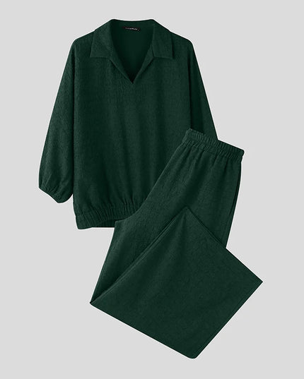 Incerun Men's Two-Piece Oversized Set: Lapel 3/4 Sleeve Shirt and Wide-Leg Pants
