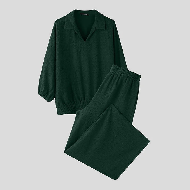 Incerun Men's Two-Piece Oversized Set: Lapel 3/4 Sleeve Shirt and Wide-Leg Pants