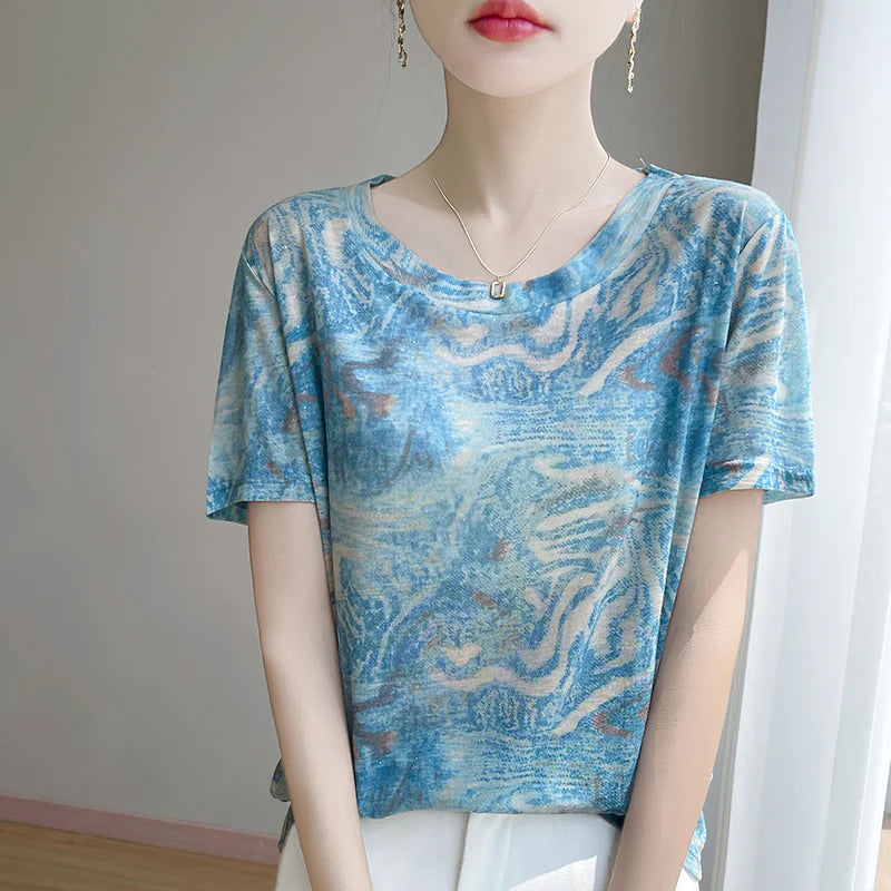 Elegant Women's Satin Silk V-Neck Short Sleeve Blouse