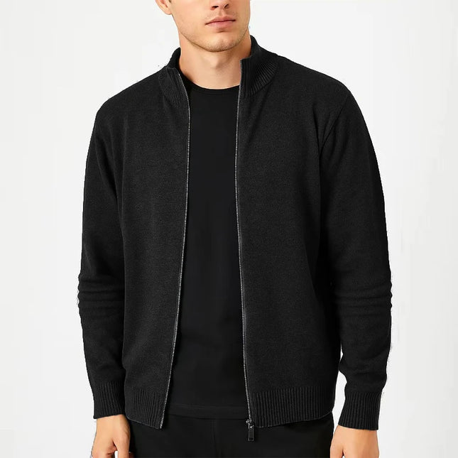 Men's Full-Zip Knitted Sweater Jacket – Slim Fit, Stand Collar