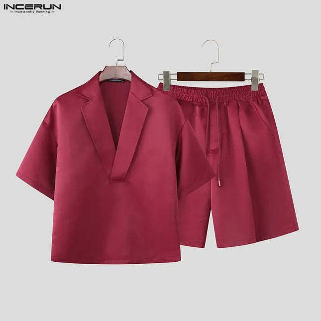 Incerun Men's Two-Piece Short Sleeve Shirt and Shorts Set